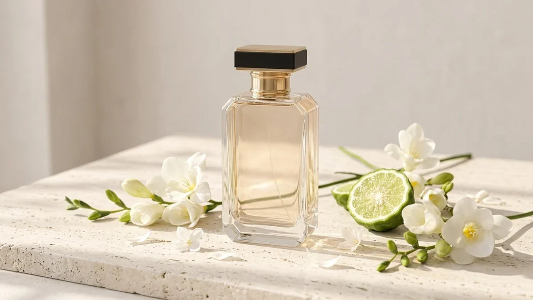 Beyaz şipre koku ailesinin aydınlık karakterini yansıtan bergamot, beyaz frezya çiçekleri ve zarif parfüm şişesi kompozisyonu