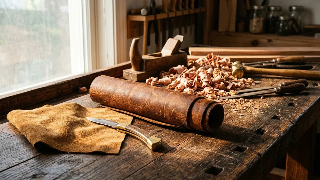 Güneş alan ahşap masa üzerinde konyak rengi doğal deri dokusu, süet ve sedir ağacı yongaları kompozisyonu.
