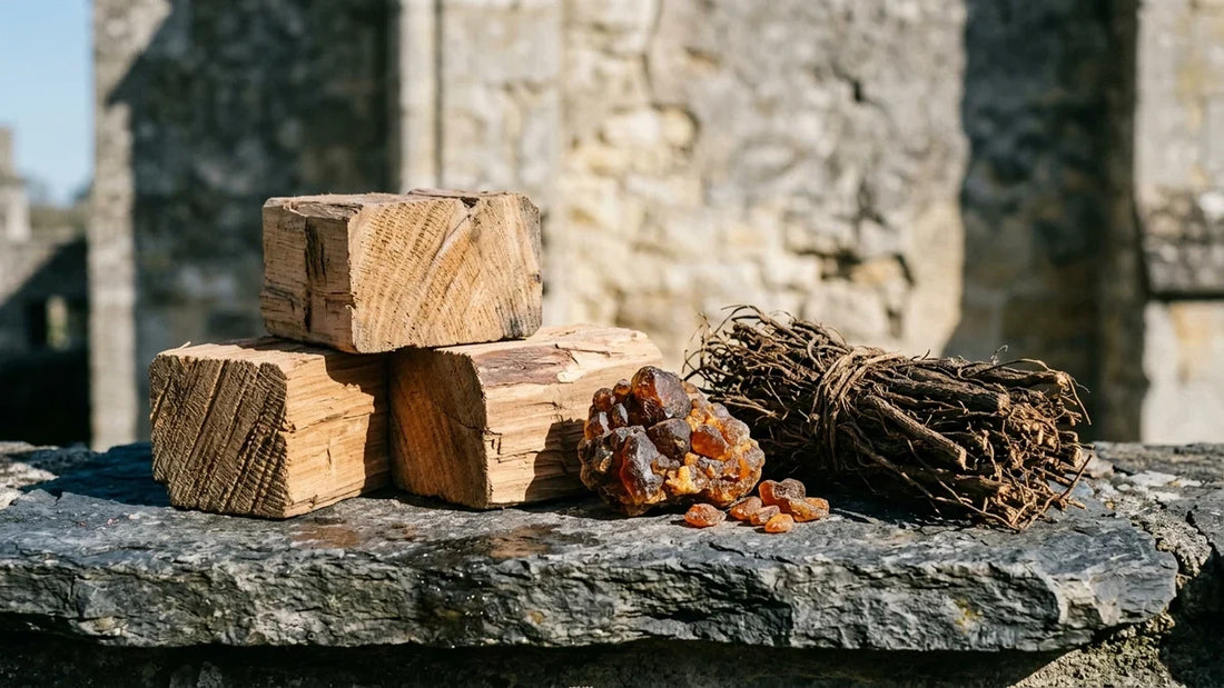 Gri arduvaz taş üzerinde masif sedir ağacı blokları, kehribar reçinesi ve aromatik vetiver kökleri.