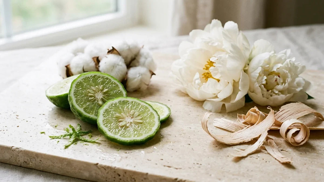 Açık traverten mermer üzerinde taze bergamot dilimleri, beyaz pamuk kozası ve açık renkli sedir yongaları natürmortu.