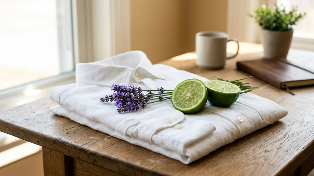 Sabah ışığında beyaz keten gömlek kumaşı yanında taze mor lavanta başakları ve bergamot dilimleri.
