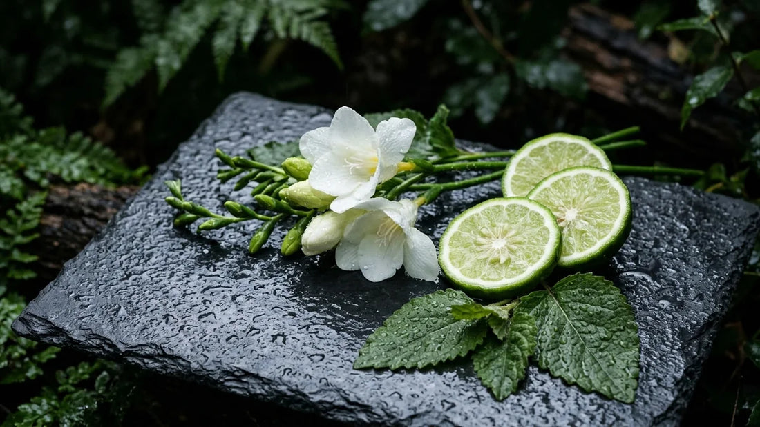 Islak arduvaz taş üzerinde yağmur damlalı beyaz frezya çiçekleri, taze bergamot ve nemli yeşil yapraklar natürmortu.