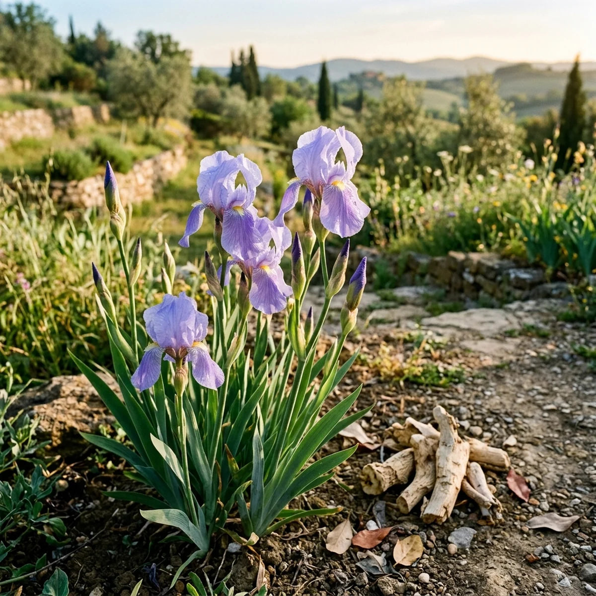 Sabah güneşinde bahçede açmış soluk mor-mavi süsen (iris) çiçekleri ve kurutulmuş doğal iris kökü parçaları