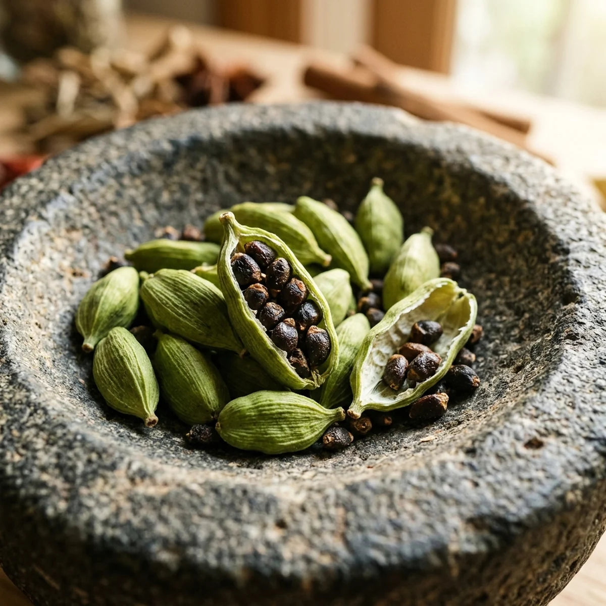 Sabah ışığında doğal taş havan üzerinde koyu aromatik tohumları görünen dolgun yeşil kakule kapsülleri