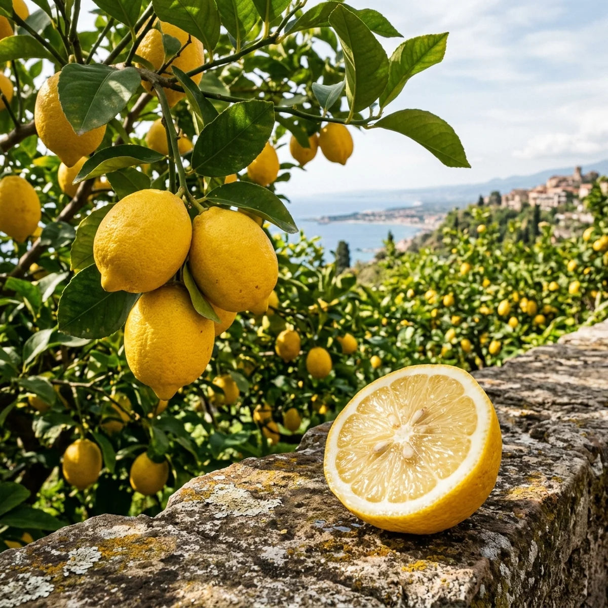 Güneşli bahçede yeşil yapraklı dalında sarkan parlak sarı limonlar ve taş üzerinde kesilmiş taze limon yarısı