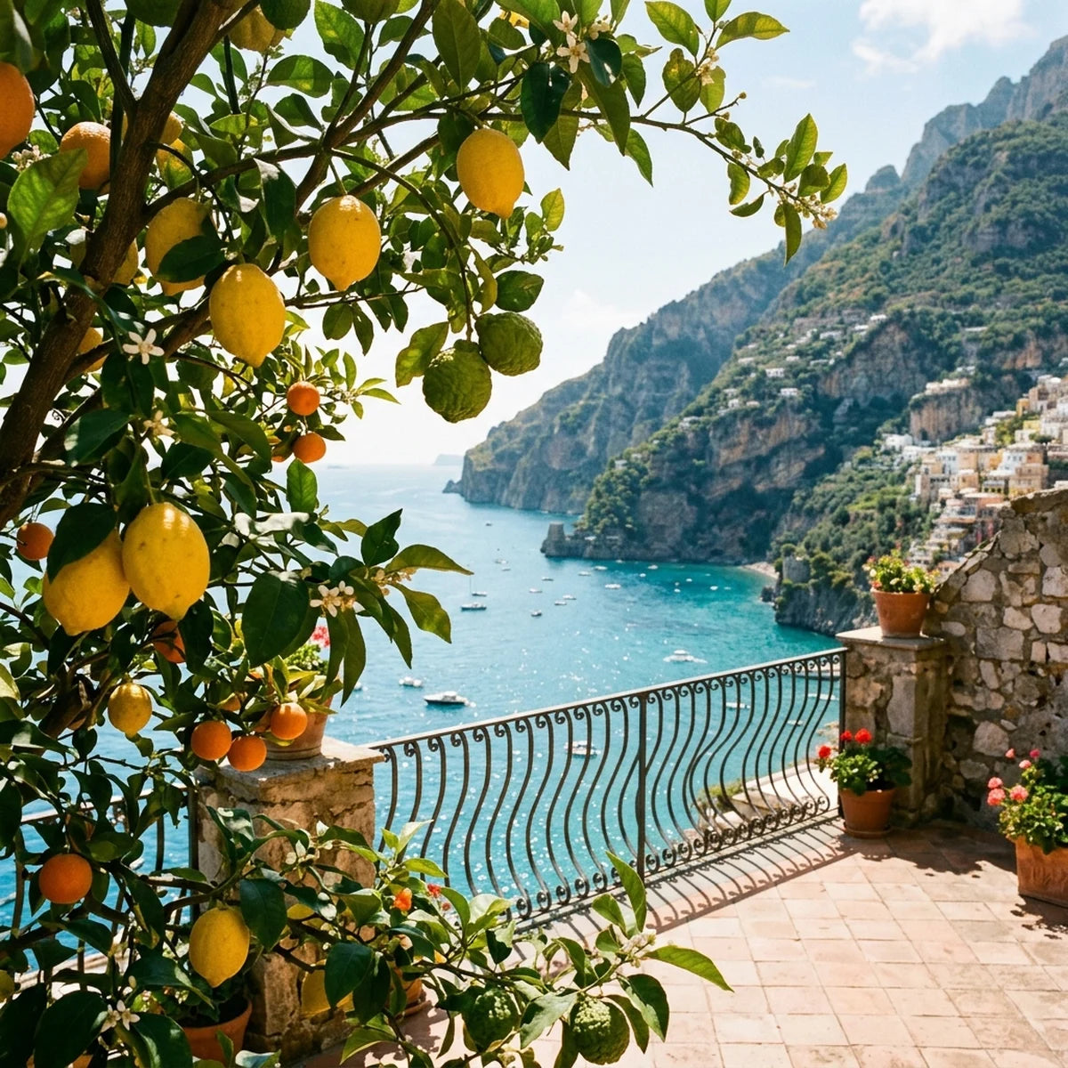 Turkuaz Akdeniz kıyısına bakan güneşli bahçede dalında olgunlaşmış sarı limon, yeşil bergamot ve mandalinalar