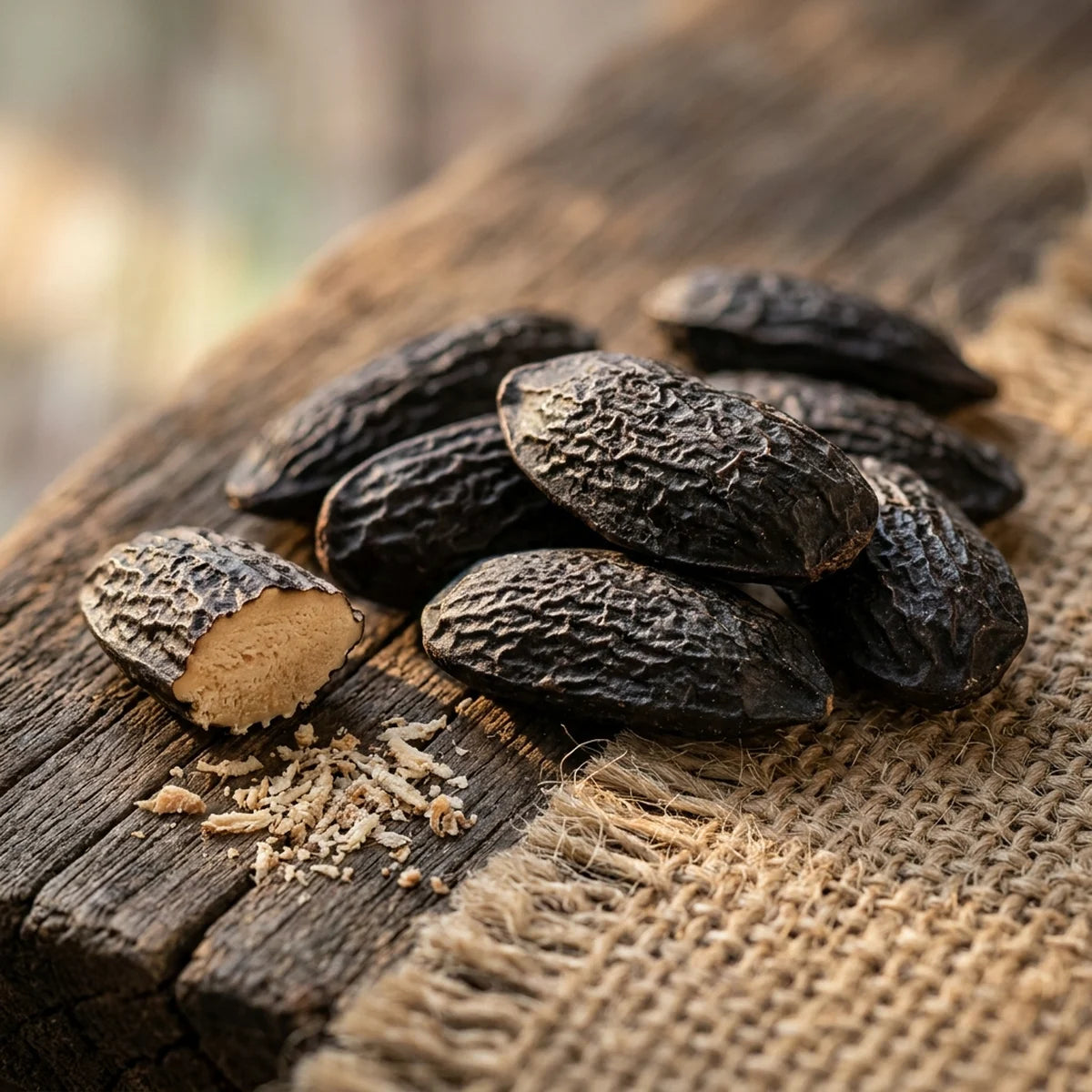 Altın gün ışığında doğal çuval bezi ve tropikal ahşap üzerinde koyu kahverengi aromatik tonka fasulyesi taneleri